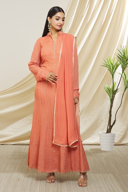 Peenacolada Pink Georgette, Chiffon Embroidery Bandeau Neck Leaf Anarkali With Dupatta 