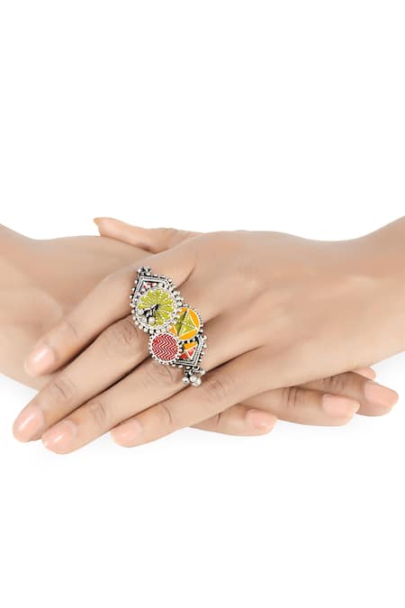 Shop Tribe Amrapali Multi Color Enamel Nirali Ghungroo Ring at Aza Fashions Shop_Tribe Amrapali_Multi Color Enamel Nirali Ghungroo Ring _at_Aza_Fashions