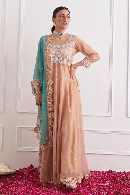 Shop Shipraa Grover Beige Cotton Embroidery Round Neck Nora Anarkali Set Online at Aza Fashions Shop_Shipraa Grover_Beige Cotton Embroidery Round Neck Nora Anarkali Set _Online_at_Aza_Fashions
