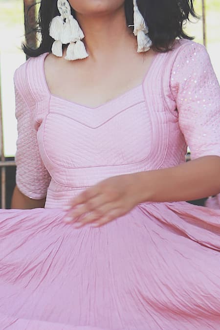 Chambray & CO. Pink Cotton, Chanderi Silk V Neck Empire Waist Maxi Dress at Aza Fashions Chambray & CO._Pink Cotton, Chanderi Silk V Neck Empire Waist Maxi Dress _at_Aza_Fashions