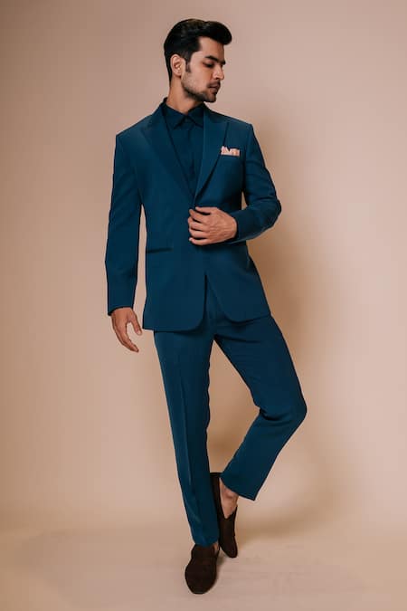 Tisa - Men Blue Tuxedo And Trousers- Viscose Polyester Plain Lapel Collar Set 