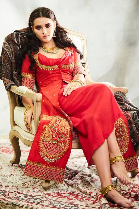 Shop_Tisha Saksena_Red Silk Embroidery Scoop , Open Pahlavi Draped Dress With Jacket_at_Aza_Fashions