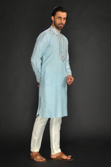 SAMMOHAN CEREMONIAL Blue Vis Silk And Spun Lining 100% Applique Work Kurta Set