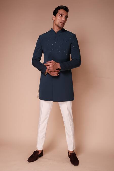 Tisa - Men Blue Sherwani Viscose Polyester Embroidery Cutdana Set 