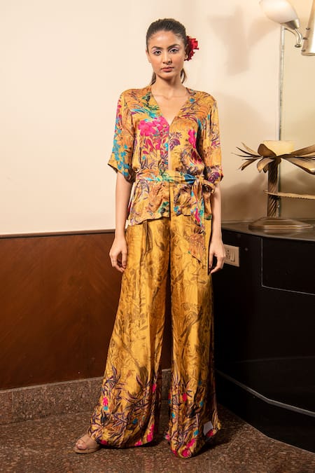 Soniya G Yellow Satin Printed Floral V Neck Top And Pleated Pant Set 