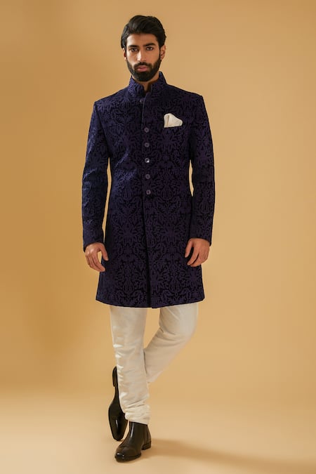 Buy Blue Velvet Embroidery Floral Achkan For Men by Raghavendra Rathore ...