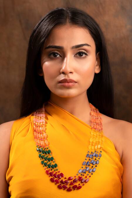 Ishhaara Gold Plated Multi Color Layered Onyx Stone Necklace at Aza Fashions Ishhaara_Gold Plated Multi Color Layered Onyx Stone Necklace _at_Aza_Fashions