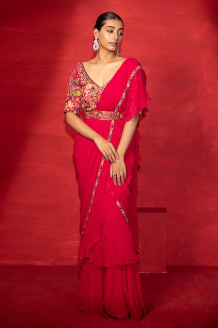 Miku Kumar Pre-Draped Saree With Embellished Blouse 