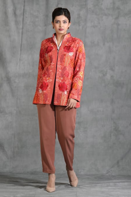 Dusala Orange Pashmina Thread Band Collar Rose Motif Jacket 