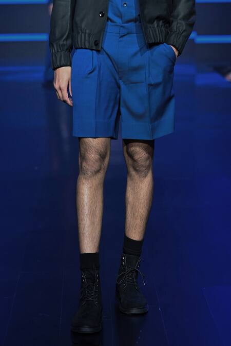 Dhruv Vaish Blue Terrycloth Front Pleat Terriwool Shorts Online at Aza Fashions Dhruv Vaish_Blue Terrycloth Front Pleat Terriwool Shorts_Online_at_Aza_Fashions