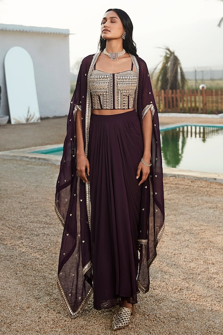 Buy_Basanti - Kapde Aur Koffee_Purple Viscose, Georgette Gota Patti, Zari Embroidered Cape And Draped Skirt Set _at_Aza_Fashions