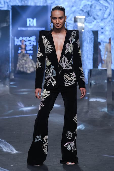 Ritika Mirchandani Black Suede Embroidery Bead Deep V Lina Flower Blazer And Pant Set