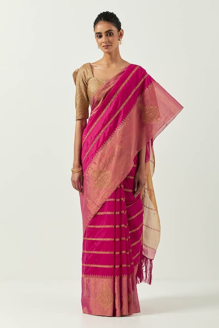 Label Earthen Pink Chanderi Silk Embroidered Sunahri Dhaari Saree With Blouse 