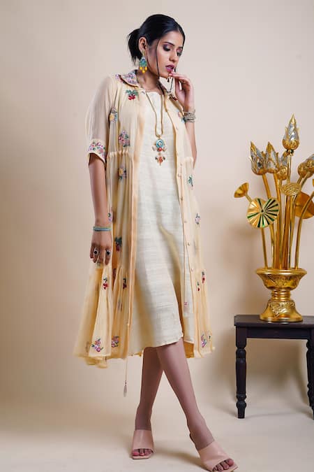 Bhusattva - Cream Shrug: Organic Sheer Cotton Silk Embroidery Floral Dress:  With For Women