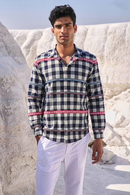 Buy Dash And Dot Blue Cotton Embroidery Tape Check Shirt at Aza Fashions Buy_Dash And Dot_Blue Cotton Embroidery Tape Check Shirt_at_Aza_Fashions