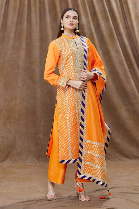 Aiman Orange Chanderi Cut Work, Embroidery, Tassels Panelled Kurta Palazzo Set Online at Aza Fashions Aiman_Orange Chanderi Cut Work, Embroidery, Tassels Panelled Kurta Palazzo Set_Online_at_Aza_Fashions