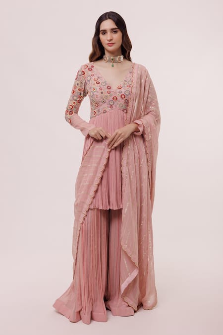Onaya Pink Georgette Embroidery, Beads V-neck Embellished Peplum Kurta Gharara Set