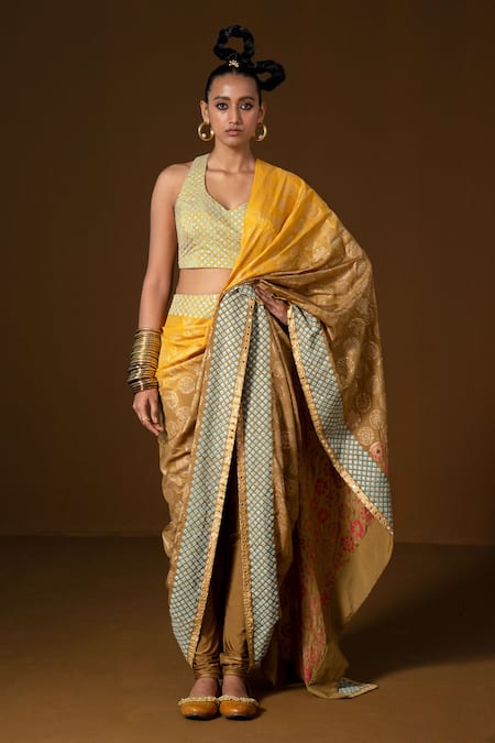 Pooja Rajgarhia Gupta Green Summer Silk And Lycra Embroidery Floral Chakra Phool Pant Saree With Blouse