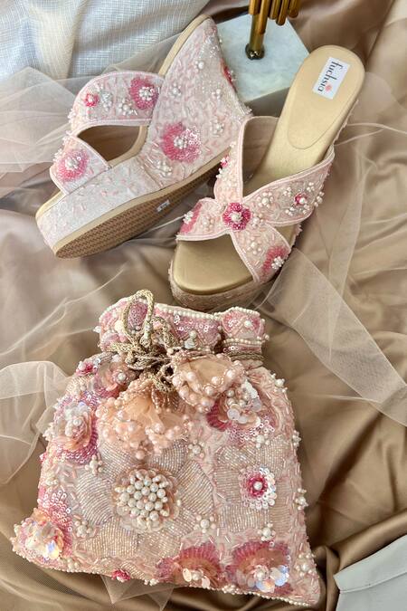 Buy Fuchsia by aashaka mehta Pink Cut Work, Sequins, Pearls And Embellished Wedges & Clutch Set at Aza Fashions Buy_Fuchsia by aashaka mehta_Pink Cut Work, Sequins, Pearls And Embellished Wedges & Clutch Set_at_Aza_Fashions