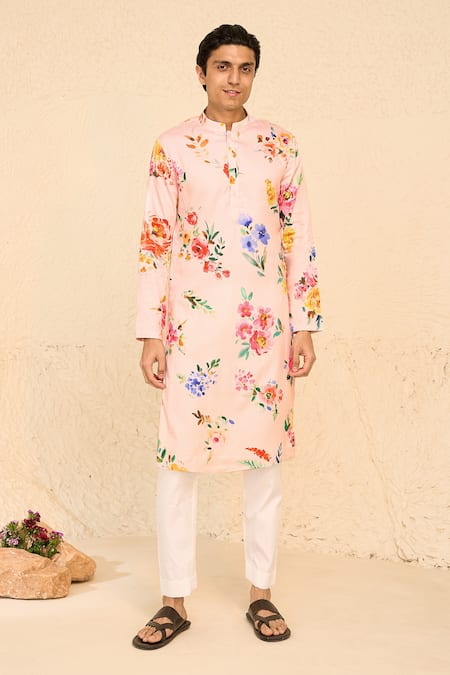 Chrkha Pink Cotton Satin Print Floral Tropical Kurta With Pant 