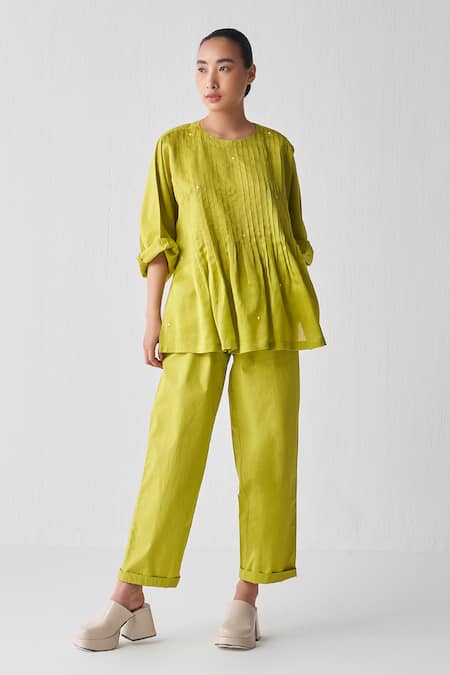 Three Green Chanderi Round Neck Pintuck Detail Top 
