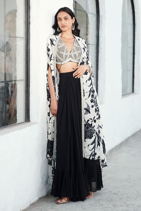 Buy Ahalyaa Women Black Crepe Top Skirt with Shrug (Set of 3) online