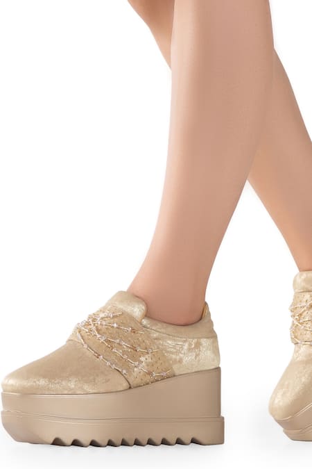 Shop Anaar Gold Marilyn Embroidered Sneaker Wedges Shop_Anaar_Gold Marilyn Embroidered Sneaker Wedges