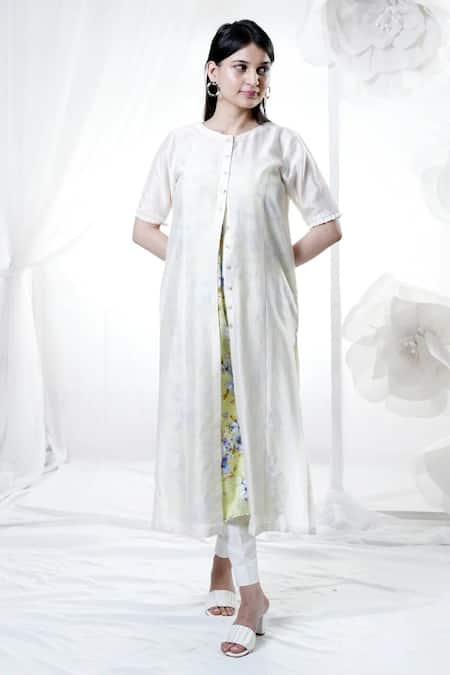 House Of TA-YA Off White Chanderi, Cotton, Lycra Round Neck Shirt Pant Set 