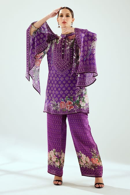 Rajdeep Ranawat Purple Satin Printed Floral Permaz Pant 
