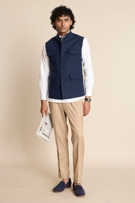 Gargee Designers Blue Linen Bundi with Patch Pockets 