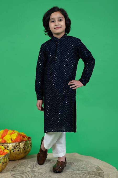 Buy Little Boys Closet Blue Georgette, Cotton Sequins Chevron Embroidered Kurta Set at Aza Fashions Buy_Little Boys Closet_Blue Georgette, Cotton Sequins Chevron Embroidered Kurta Set_at_Aza_Fashions