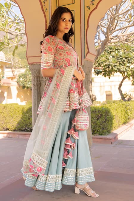 Buy Kalki Blue And White Toned Printed Kurta Sharara Set In Cotton For  Girls KALKI Fashion India