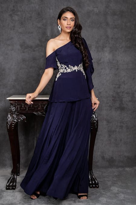 Sunita Bhandari One Shoulder Draped Top & Palazzo Set 