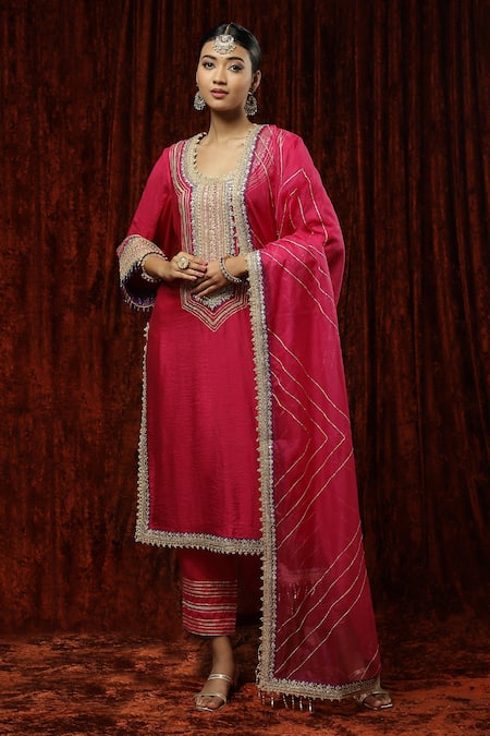 Shikhar Sharma Pink Silk Chanderi Embroidered Pearl Round Neck Kurta Pant Set