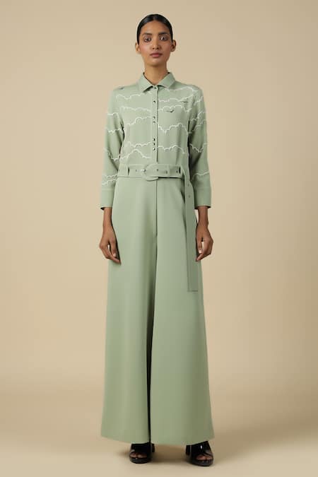 Shahin Mannan Cloud & Rainbow Embroidered Jumpsuit With Belt 