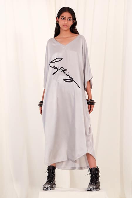 AK-OK Grey Silk Printed Typographic V Neck Kaftan Dress  