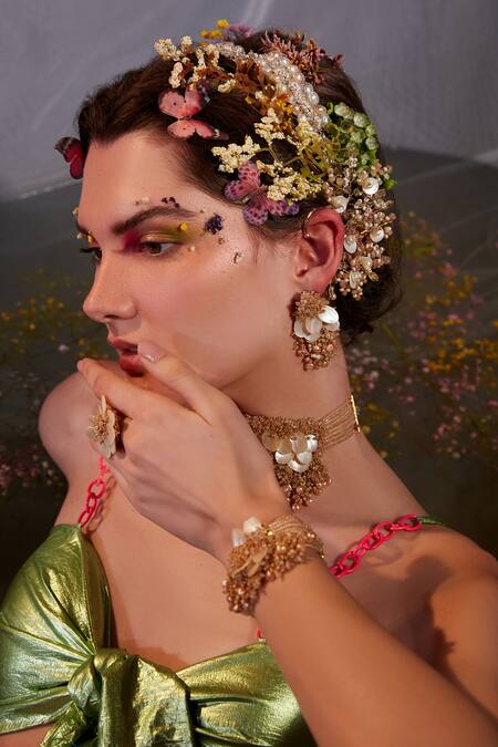 Shop_House Of D"Oro_Peach Semi Precious Stone Ashiana Embellished Earrings_at_Aza_Fashions