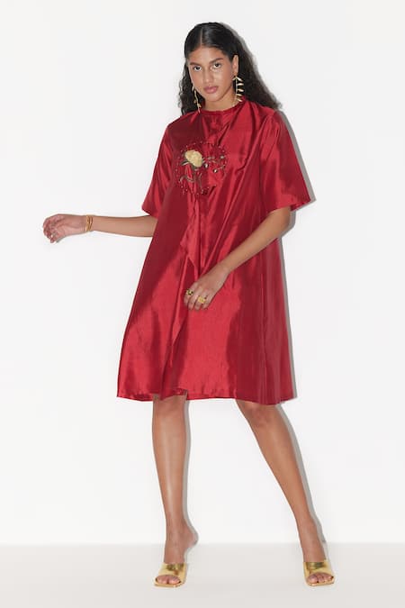 Red silk shift dress sale