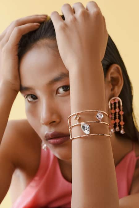 Shop Esme By Aashna Dalmia Pink Embellished Swarovski Layered Bracelet at Aza Fashions Shop_Esme By Aashna Dalmia_Pink Embellished Swarovski Layered Bracelet _at_Aza_Fashions