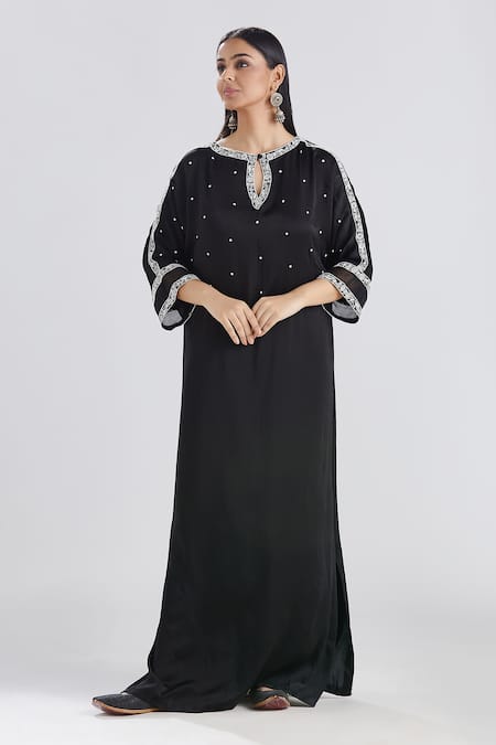 Megha Bansal Black Satin Hand Embroidered Silk Threads And Pearl Work Aafia Kaftan Gown 