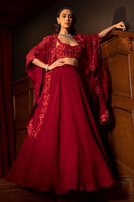 Mishru Red Cape And Skirt Organza Embroidery Floral Leia Lehenga Set 
