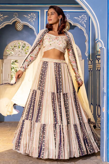 Suruchi Parakh White Georgette Crepe Woven And Embroidered Floral Multi Panelled Lehenga Set 