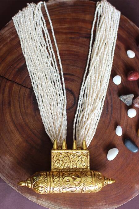 Nayaab by Sonia Gold Plated Ganthan Beads Zeel Carved Temple Pendant Necklace