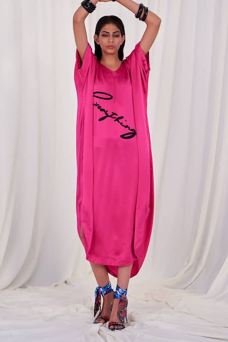 AK-OK Pink Silk Printed Typographic V Neck Kaftan Dress