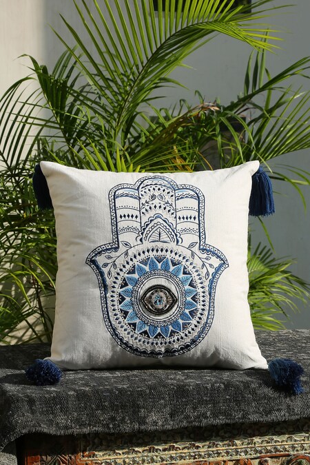 Amoliconcepts White Cotton Embroidery Hamsa Cushion Cover