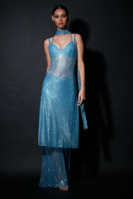 Itrh Blue Net Crystals Scoop , Plunge Retro Bella Embellished Tunic Pant Set 