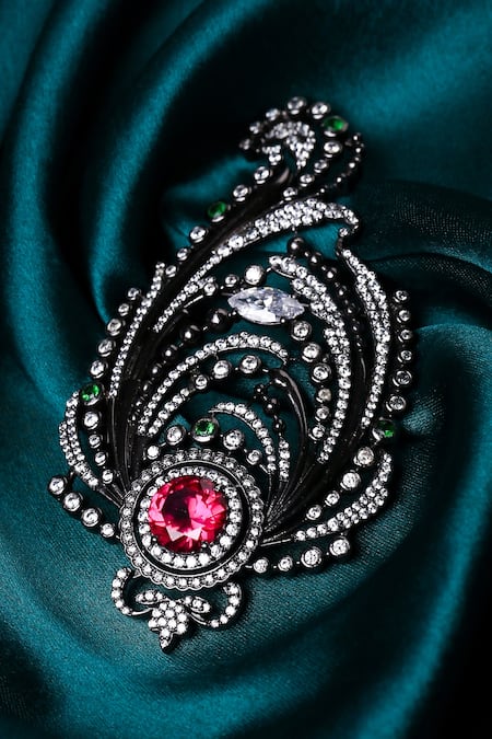 Cosa Nostraa Black Stone Paisley Embellished Brooch 