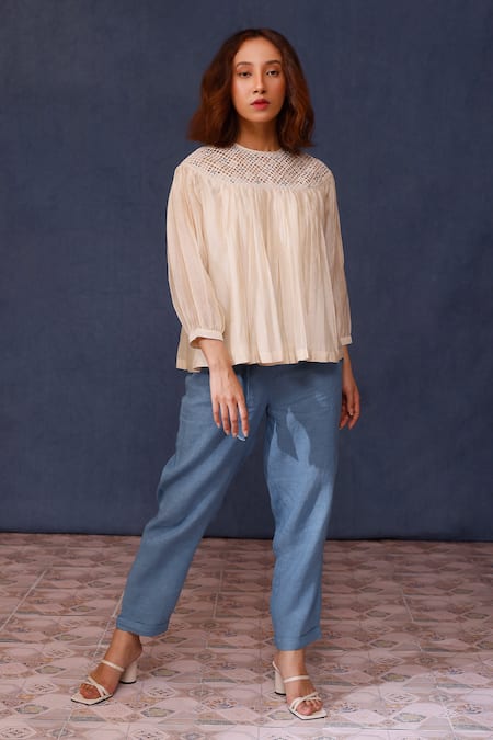 Chokhi Chorri Off White Silk, Linen Embroidery Round Iris Mosaic Cutwork Yoke Top With Pant 