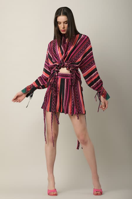 Limerick By Abirr N' Nanki Multi Color Crepe Tassels Round Neck Jolene Stripe Print Draped Top