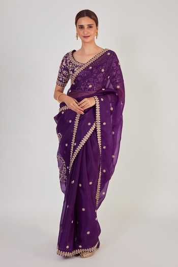Buy Onaya Purple Organza Zardozi Deep U Neck Embroidered Saree With Blouse at Aza Fashions Buy_Onaya_Purple Organza Zardozi Deep U Neck Embroidered Saree With Blouse_at_Aza_Fashions